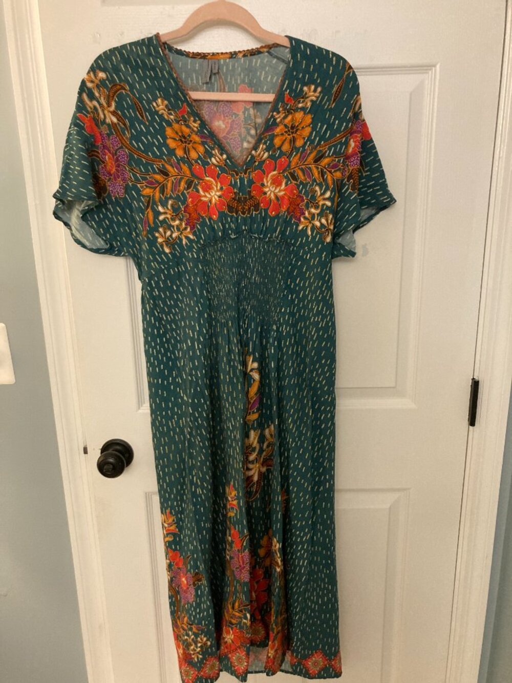 Anthropologie Boho Midi Dress One Size Ruched Waist